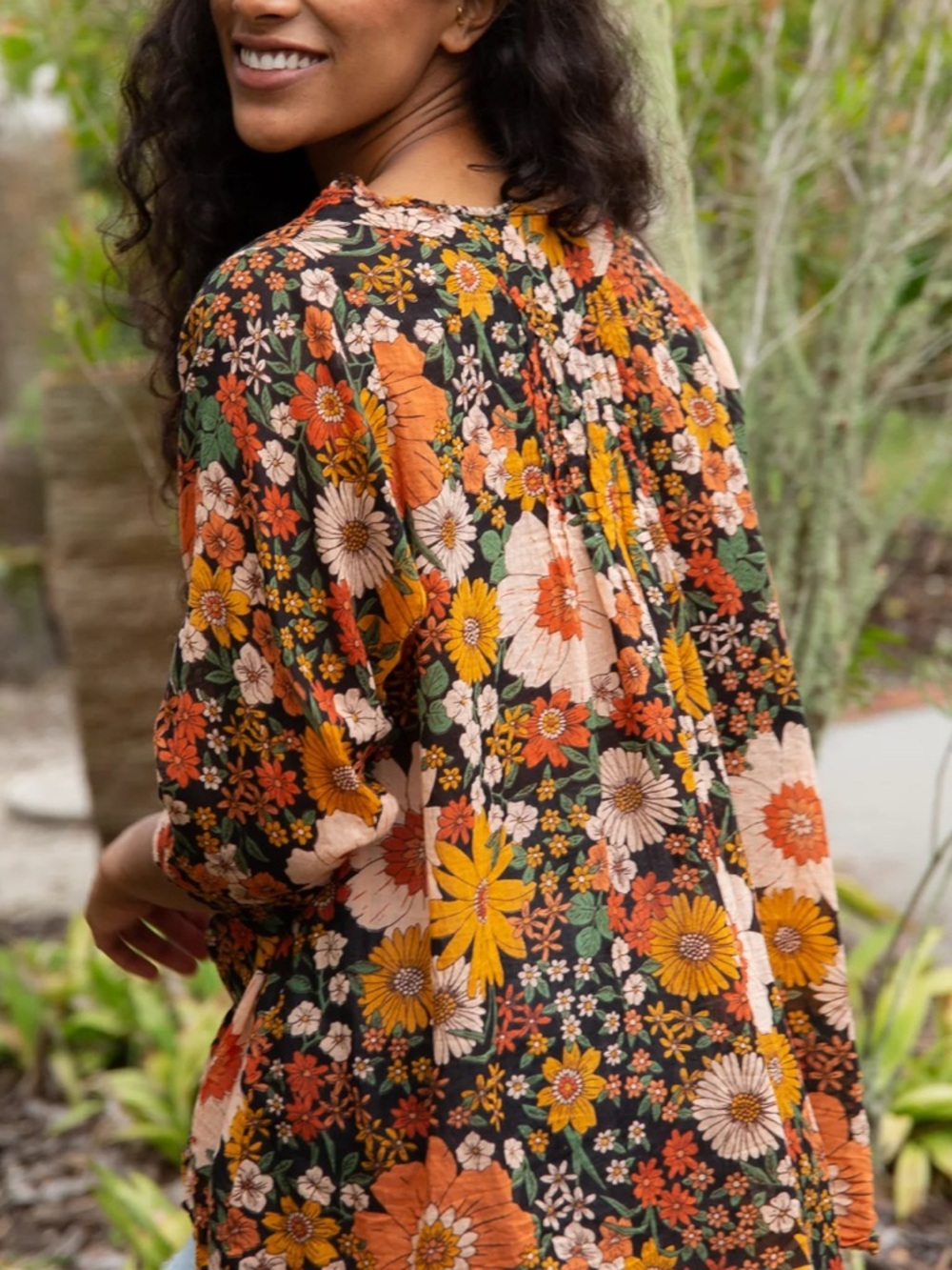 NATURAL LIFE Black Floral V-Neck Tunic with Orange & Yellow Flowers - Picture 2 of 8